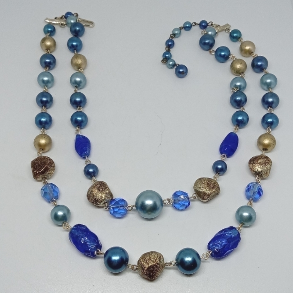 * vintage Japan 2 strand blues & gold, glass & plastic beads choker necklace